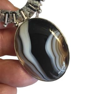Banded Agate Gemstone Necklace Pendant w/ Silver Chain Black White & Tan